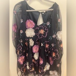 Long sleeve maya deluxe all over floral embroidered mini dress